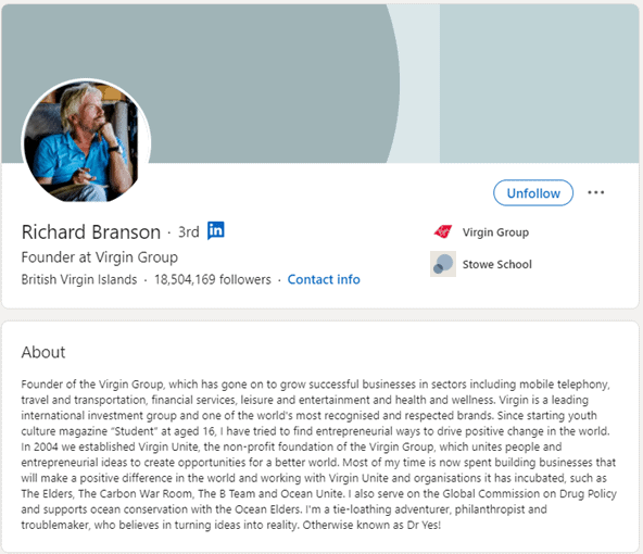 Professional bio example of Richard Branson